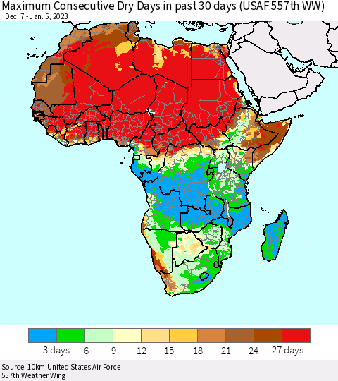Africa Maximum Consecutive Dry Days in past 30 days (USAF 557th WW) 01/05/2023 Thematic Map For 1/1/2023 - 1/5/2023