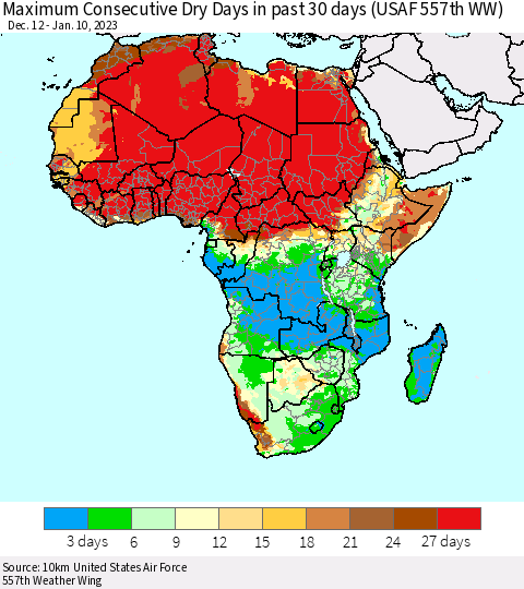 Africa Maximum Consecutive Dry Days in past 30 days (USAF 557th WW) 01/10/2023 Thematic Map For 1/6/2023 - 1/10/2023