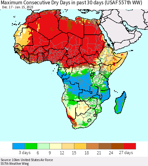 Africa Maximum Consecutive Dry Days in past 30 days (USAF 557th WW) 01/15/2023 Thematic Map For 1/11/2023 - 1/15/2023