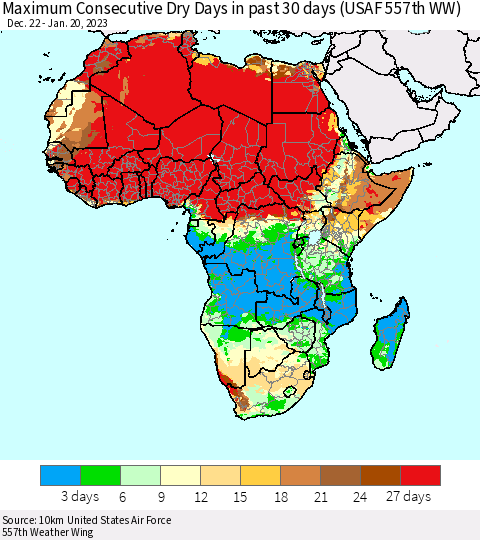 Africa Maximum Consecutive Dry Days in past 30 days (USAF 557th WW) 01/20/2023 Thematic Map For 1/16/2023 - 1/20/2023