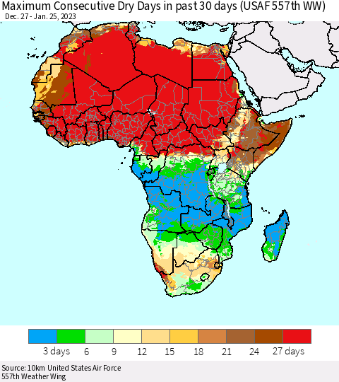 Africa Maximum Consecutive Dry Days in past 30 days (USAF 557th WW) 01/25/2023 Thematic Map For 1/21/2023 - 1/25/2023