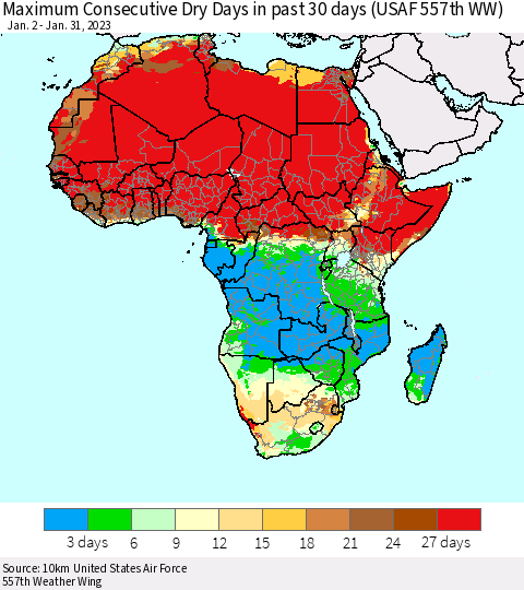 Africa Maximum Consecutive Dry Days in past 30 days (USAF 557th WW) 01/31/2023 Thematic Map For 1/26/2023 - 1/31/2023