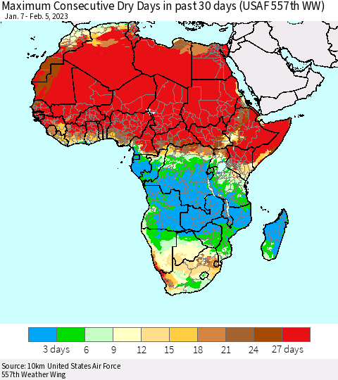 Africa Maximum Consecutive Dry Days in past 30 days (USAF 557th WW) 02/05/2023 Thematic Map For 2/1/2023 - 2/5/2023