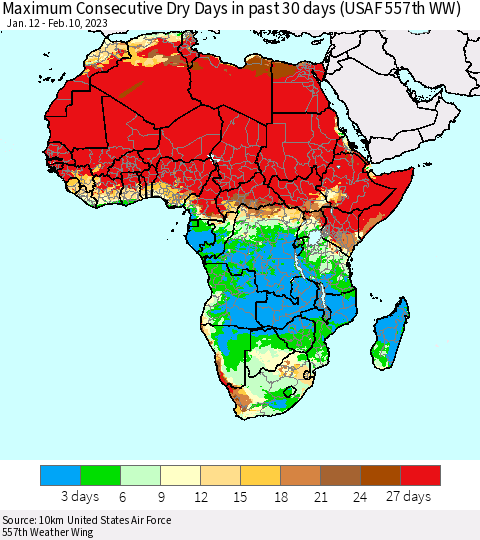 Africa Maximum Consecutive Dry Days in past 30 days (USAF 557th WW) 02/10/2023 Thematic Map For 2/6/2023 - 2/10/2023