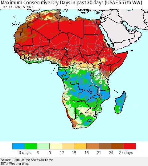 Africa Maximum Consecutive Dry Days in past 30 days (USAF 557th WW) 02/15/2023 Thematic Map For 2/11/2023 - 2/15/2023