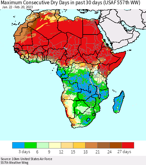 Africa Maximum Consecutive Dry Days in past 30 days (USAF 557th WW) 02/20/2023 Thematic Map For 2/16/2023 - 2/20/2023