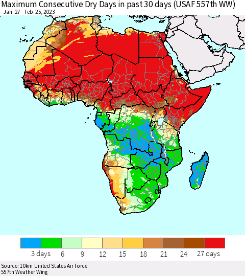 Africa Maximum Consecutive Dry Days in past 30 days (USAF 557th WW) 02/25/2023 Thematic Map For 2/21/2023 - 2/25/2023