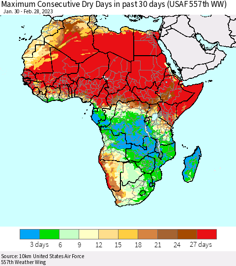 Africa Maximum Consecutive Dry Days in past 30 days (USAF 557th WW) 02/28/2023 Thematic Map For 2/26/2023 - 2/28/2023