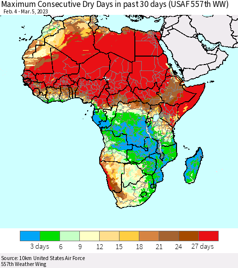 Africa Maximum Consecutive Dry Days in past 30 days (USAF 557th WW) 03/05/2023 Thematic Map For 3/1/2023 - 3/5/2023
