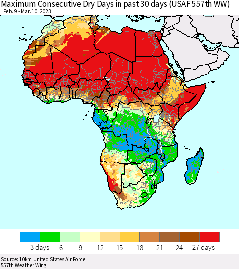 Africa Maximum Consecutive Dry Days in past 30 days (USAF 557th WW) 03/10/2023 Thematic Map For 3/6/2023 - 3/10/2023
