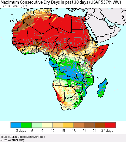 Africa Maximum Consecutive Dry Days in past 30 days (USAF 557th WW) 03/15/2023 Thematic Map For 3/11/2023 - 3/15/2023