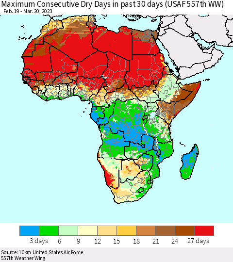 Africa Maximum Consecutive Dry Days in past 30 days (USAF 557th WW) 03/20/2023 Thematic Map For 3/16/2023 - 3/20/2023