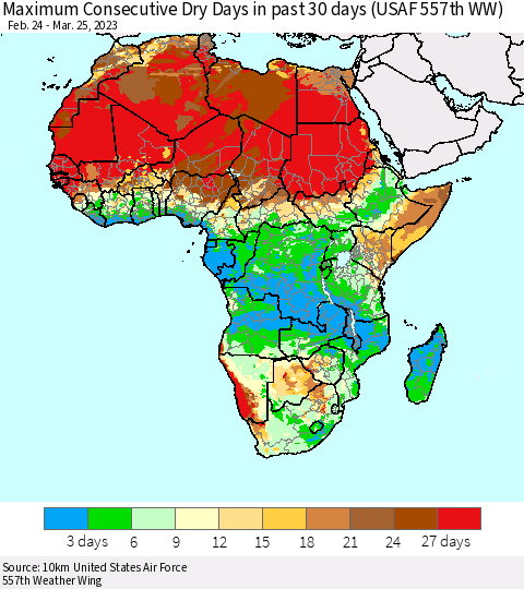 Africa Maximum Consecutive Dry Days in past 30 days (USAF 557th WW) 03/25/2023 Thematic Map For 3/21/2023 - 3/25/2023