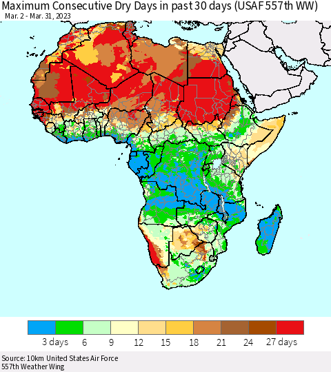 Africa Maximum Consecutive Dry Days in past 30 days (USAF 557th WW) 03/31/2023 Thematic Map For 3/26/2023 - 3/31/2023