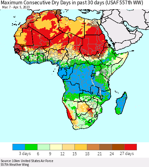Africa Maximum Consecutive Dry Days in past 30 days (USAF 557th WW) 04/05/2023 Thematic Map For 4/1/2023 - 4/5/2023