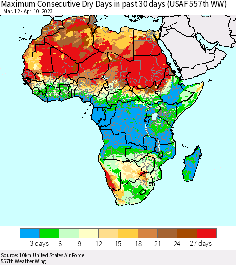 Africa Maximum Consecutive Dry Days in past 30 days (USAF 557th WW) 04/10/2023 Thematic Map For 4/6/2023 - 4/10/2023