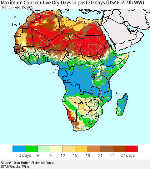 Africa Maximum Consecutive Dry Days in past 30 days (USAF 557th WW) 04/15/2023 Thematic Map For 4/11/2023 - 4/15/2023