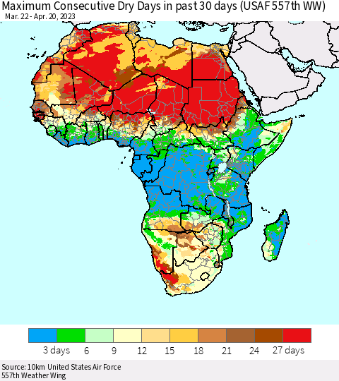 Africa Maximum Consecutive Dry Days in past 30 days (USAF 557th WW) 04/20/2023 Thematic Map For 4/16/2023 - 4/20/2023