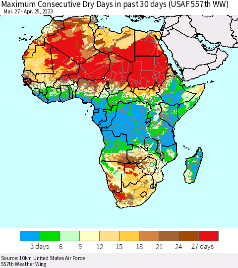 Africa Maximum Consecutive Dry Days in past 30 days (USAF 557th WW) 04/25/2023 Thematic Map For 4/21/2023 - 4/25/2023