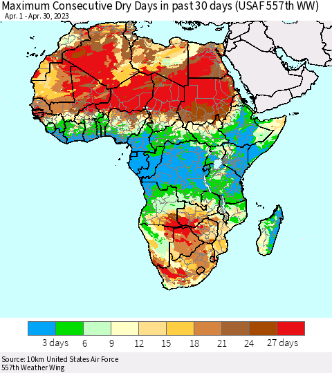 Africa Maximum Consecutive Dry Days in past 30 days (USAF 557th WW) 04/30/2023 Thematic Map For 4/26/2023 - 4/30/2023
