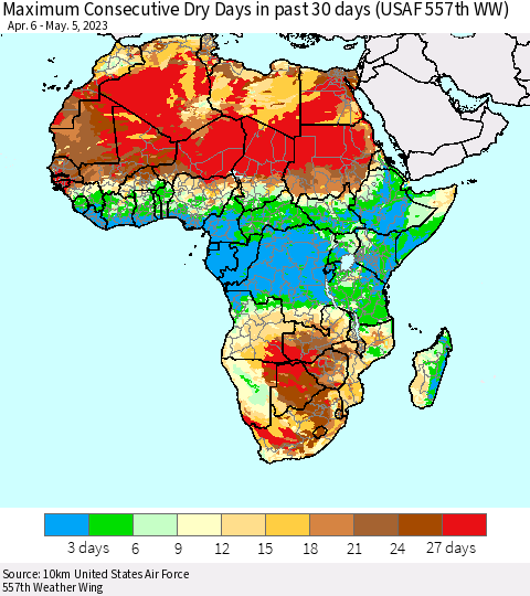 Africa Maximum Consecutive Dry Days in past 30 days (USAF 557th WW) 05/05/2023 Thematic Map For 5/1/2023 - 5/5/2023