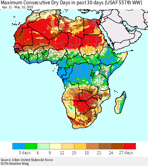 Africa Maximum Consecutive Dry Days in past 30 days (USAF 557th WW) 05/10/2023 Thematic Map For 5/6/2023 - 5/10/2023