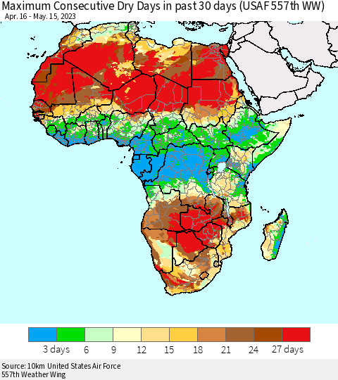 Africa Maximum Consecutive Dry Days in past 30 days (USAF 557th WW) 05/15/2023 Thematic Map For 5/11/2023 - 5/15/2023
