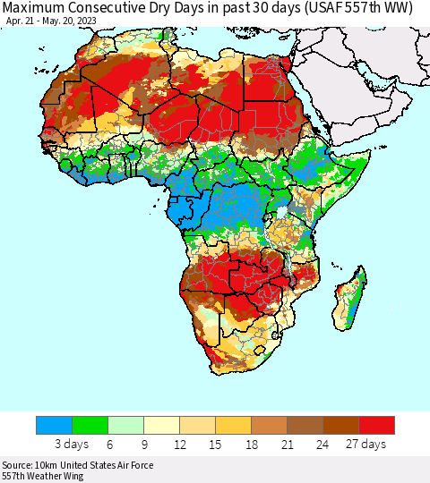 Africa Maximum Consecutive Dry Days in past 30 days (USAF 557th WW) 05/20/2023 Thematic Map For 5/16/2023 - 5/20/2023
