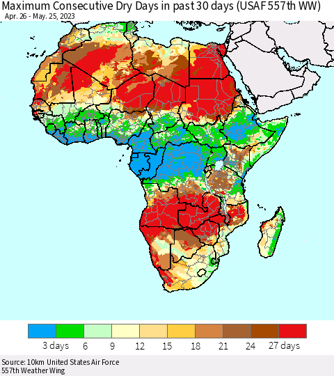 Africa Maximum Consecutive Dry Days in past 30 days (USAF 557th WW) 05/25/2023 Thematic Map For 5/21/2023 - 5/25/2023
