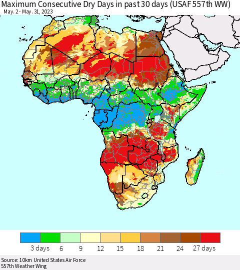 Africa Maximum Consecutive Dry Days in past 30 days (USAF 557th WW) 05/31/2023 Thematic Map For 5/26/2023 - 5/31/2023