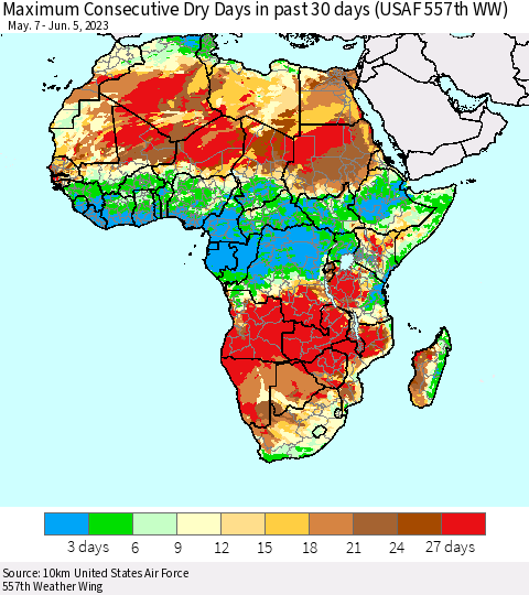 Africa Maximum Consecutive Dry Days in past 30 days (USAF 557th WW) 06/05/2023 Thematic Map For 6/1/2023 - 6/5/2023