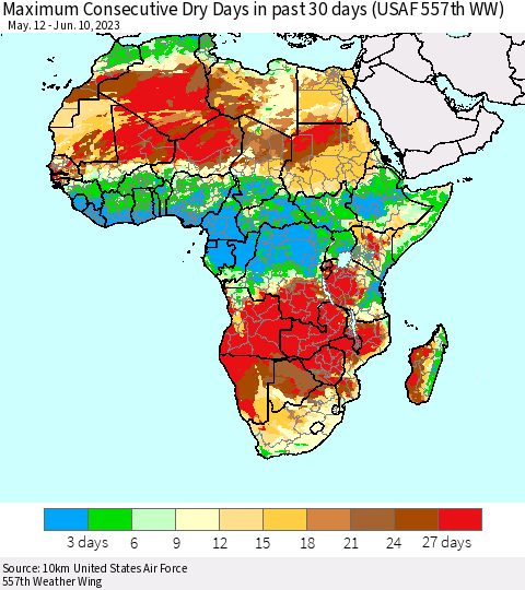Africa Maximum Consecutive Dry Days in past 30 days (USAF 557th WW) 06/10/2023 Thematic Map For 6/6/2023 - 6/10/2023
