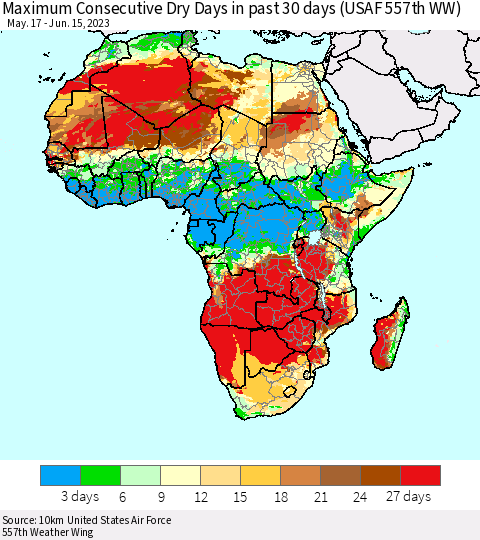 Africa Maximum Consecutive Dry Days in past 30 days (USAF 557th WW) 06/15/2023 Thematic Map For 6/11/2023 - 6/15/2023