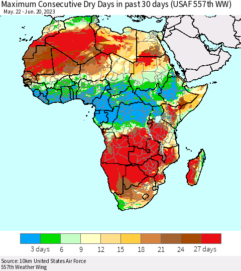 Africa Maximum Consecutive Dry Days in past 30 days (USAF 557th WW) 06/20/2023 Thematic Map For 6/16/2023 - 6/20/2023