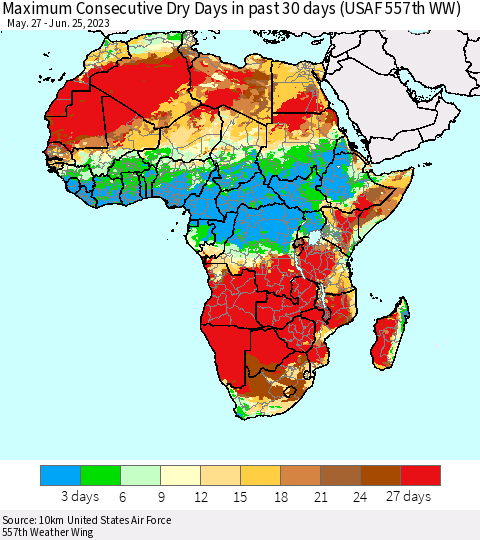 Africa Maximum Consecutive Dry Days in past 30 days (USAF 557th WW) 06/25/2023 Thematic Map For 6/21/2023 - 6/25/2023