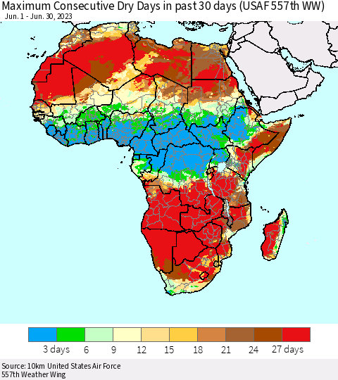 Africa Maximum Consecutive Dry Days in past 30 days (USAF 557th WW) 06/30/2023 Thematic Map For 6/26/2023 - 6/30/2023