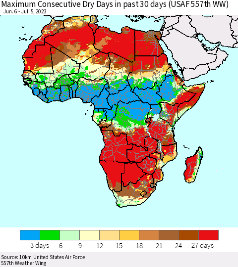 Africa Maximum Consecutive Dry Days in past 30 days (USAF 557th WW) 07/05/2023 Thematic Map For 7/1/2023 - 7/5/2023