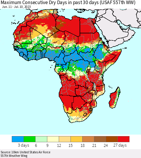 Africa Maximum Consecutive Dry Days in past 30 days (USAF 557th WW) 07/10/2023 Thematic Map For 7/6/2023 - 7/10/2023