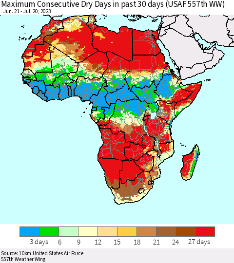 Africa Maximum Consecutive Dry Days in past 30 days (USAF 557th WW) 07/20/2023 Thematic Map For 7/16/2023 - 7/20/2023