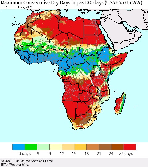 Africa Maximum Consecutive Dry Days in past 30 days (USAF 557th WW) 07/25/2023 Thematic Map For 7/21/2023 - 7/25/2023