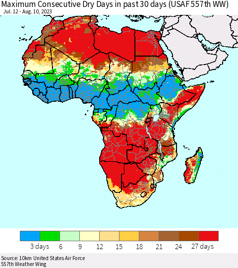 Africa Maximum Consecutive Dry Days in past 30 days (USAF 557th WW) 08/10/2023 Thematic Map For 8/6/2023 - 8/10/2023