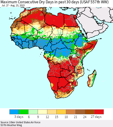 Africa Maximum Consecutive Dry Days in past 30 days (USAF 557th WW) 08/25/2023 Thematic Map For 8/21/2023 - 8/25/2023