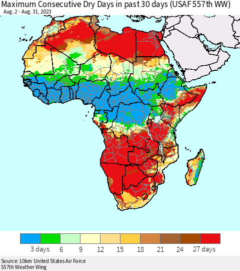 Africa Maximum Consecutive Dry Days in past 30 days (USAF 557th WW) 08/31/2023 Thematic Map For 8/26/2023 - 8/31/2023
