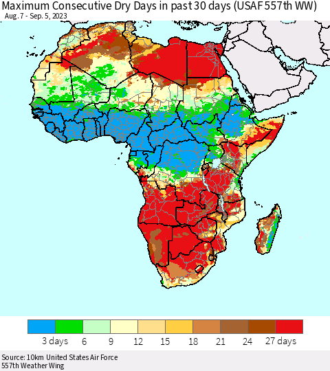 Africa Maximum Consecutive Dry Days in past 30 days (USAF 557th WW) 09/05/2023 Thematic Map For 9/1/2023 - 9/5/2023