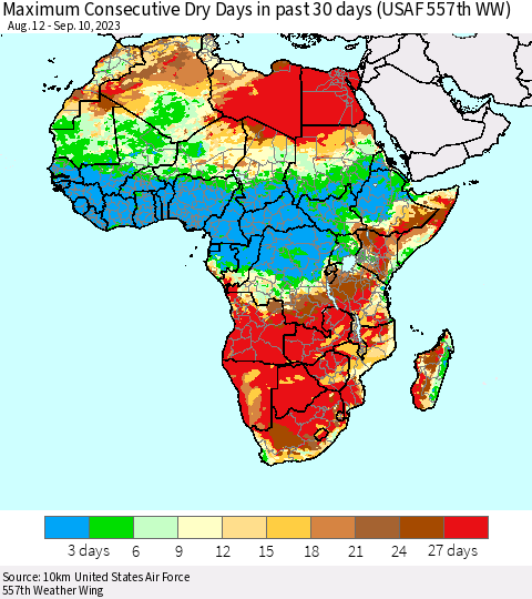 Africa Maximum Consecutive Dry Days in past 30 days (USAF 557th WW) 09/10/2023 Thematic Map For 9/6/2023 - 9/10/2023