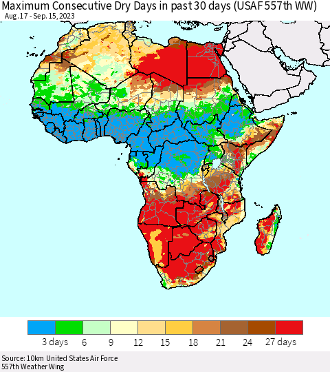Africa Maximum Consecutive Dry Days in past 30 days (USAF 557th WW) 09/15/2023 Thematic Map For 9/11/2023 - 9/15/2023