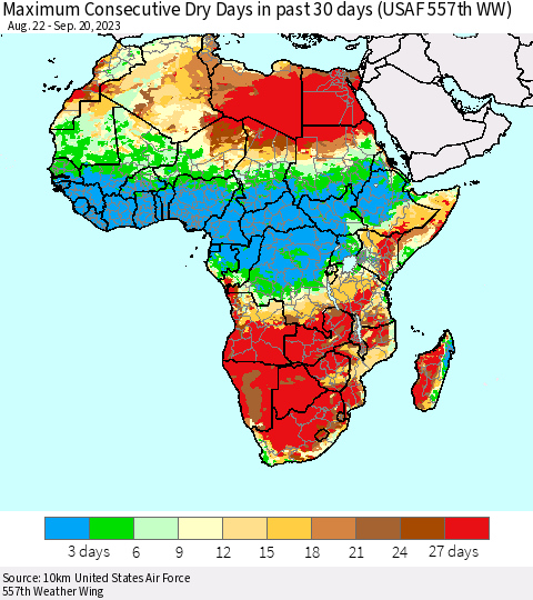 Africa Maximum Consecutive Dry Days in past 30 days (USAF 557th WW) 09/20/2023 Thematic Map For 9/16/2023 - 9/20/2023