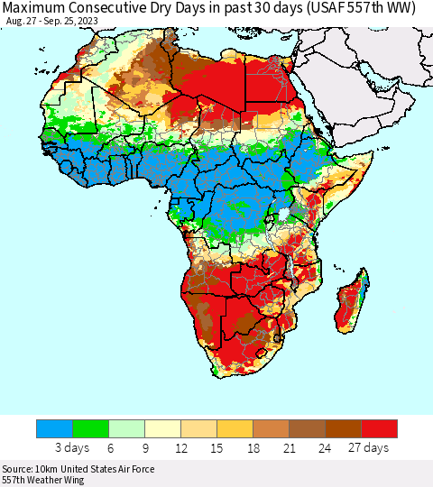 Africa Maximum Consecutive Dry Days in past 30 days (USAF 557th WW) 09/25/2023 Thematic Map For 9/21/2023 - 9/25/2023