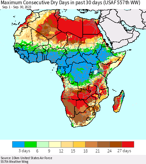 Africa Maximum Consecutive Dry Days in past 30 days (USAF 557th WW) 09/30/2023 Thematic Map For 9/26/2023 - 9/30/2023