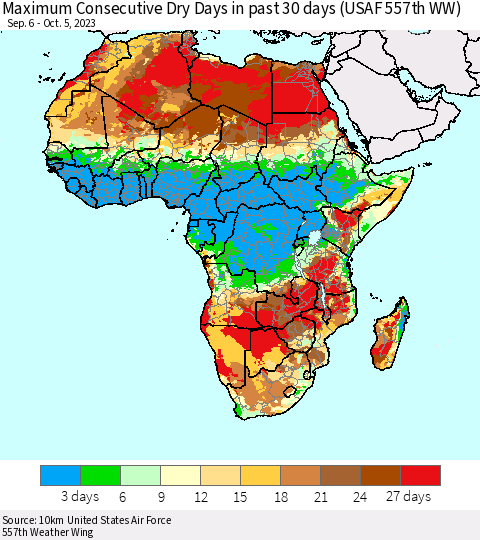 Africa Maximum Consecutive Dry Days in past 30 days (USAF 557th WW) 10/05/2023 Thematic Map For 10/1/2023 - 10/5/2023